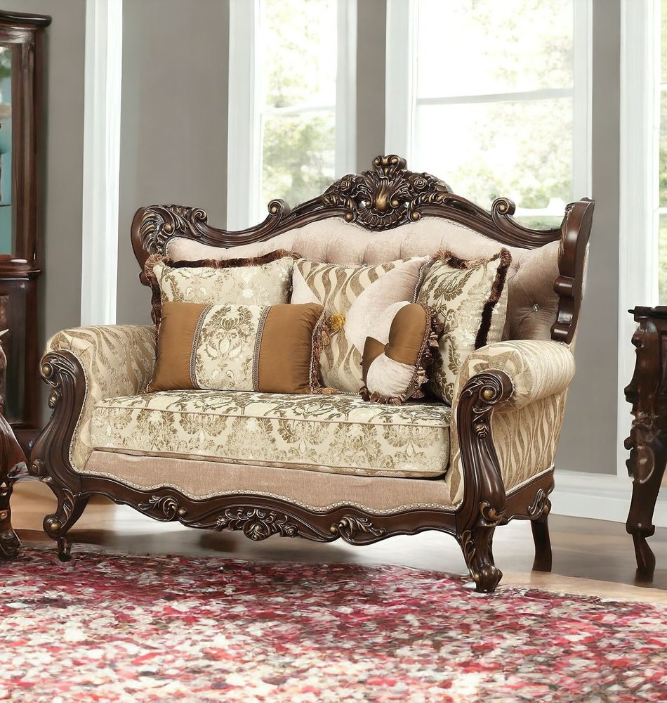 Loveseat de 70" con cojines en tonos beige y marrón y damasco marrón