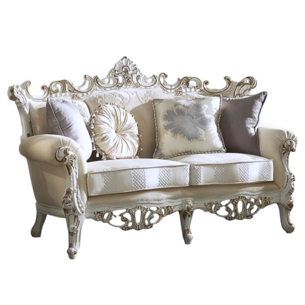 61" Ivory And Silver Damask Chesterfield Loveseat