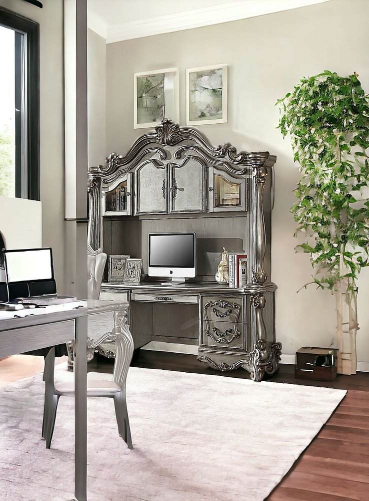Escritorio de computadora de pared de 21" de madera maciza platino con península, cuatro gabinetes y cinco cajones