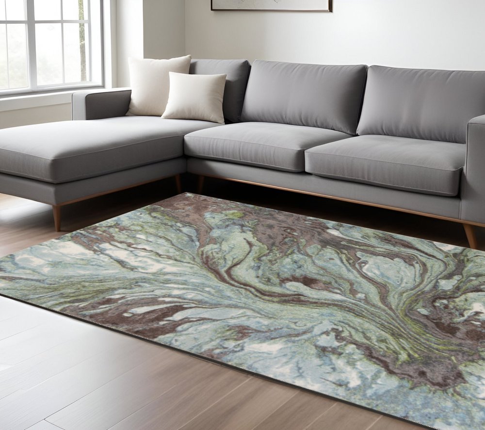 9' X 13' Green And Brown Abstract Area Rug