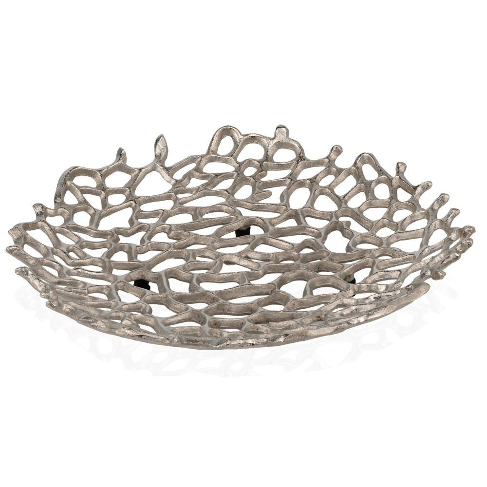 Cuenco decorativo de aluminio plateado con forma de coral de 15"