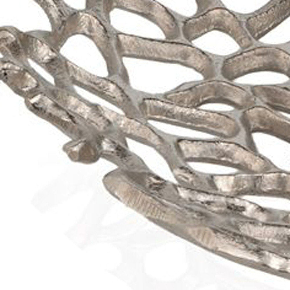 Cuenco decorativo de aluminio plateado con forma de coral de 15"