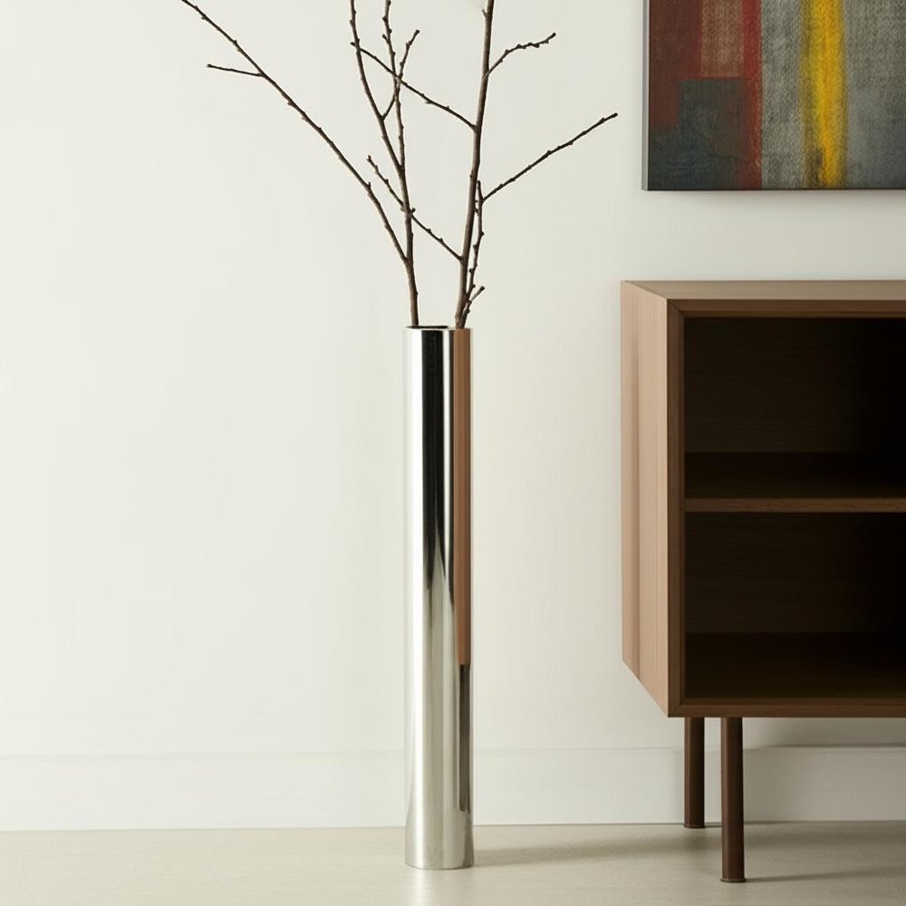 40" Silver Aluminum Cylindrical Floor Vase