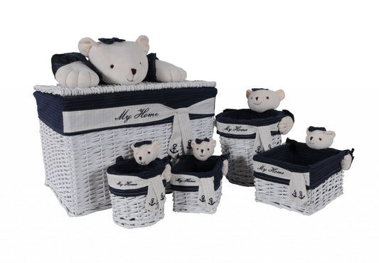 Juego de cinco cestas de ratán con forma de osito de peluche azul y blanco