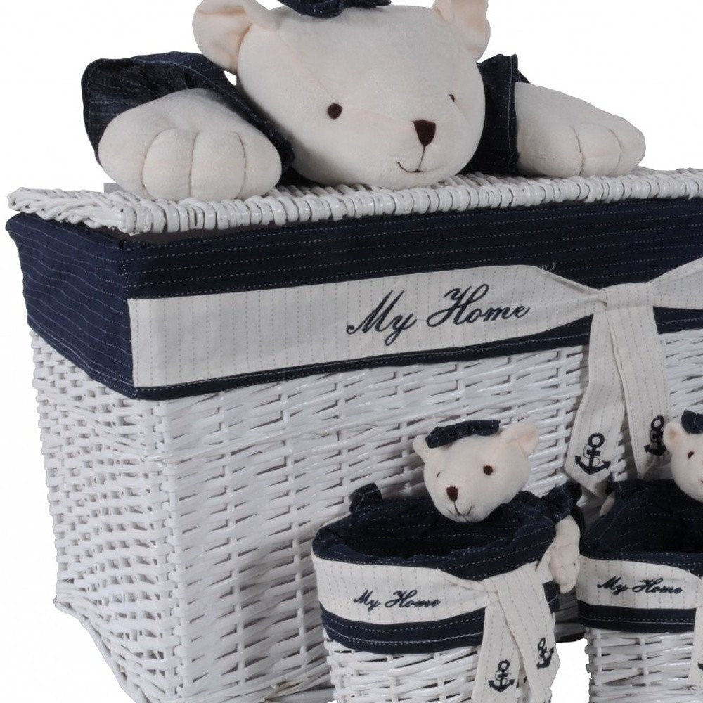 Set Of Five Blue And White Teddy Bear Rattan Baskets
