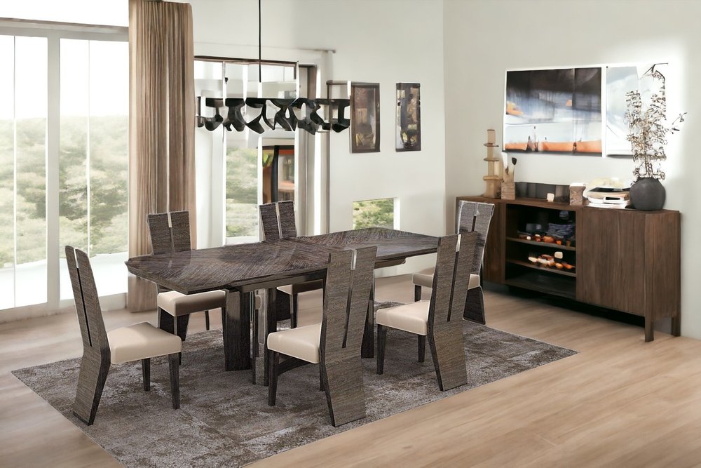 Juego de comedor gris de siete piezas con seis sillas