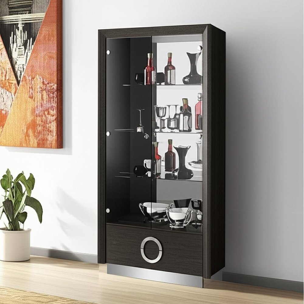 Vitrina de 50" de madera y vidrio gris y plateado con dos puertas y un cajón