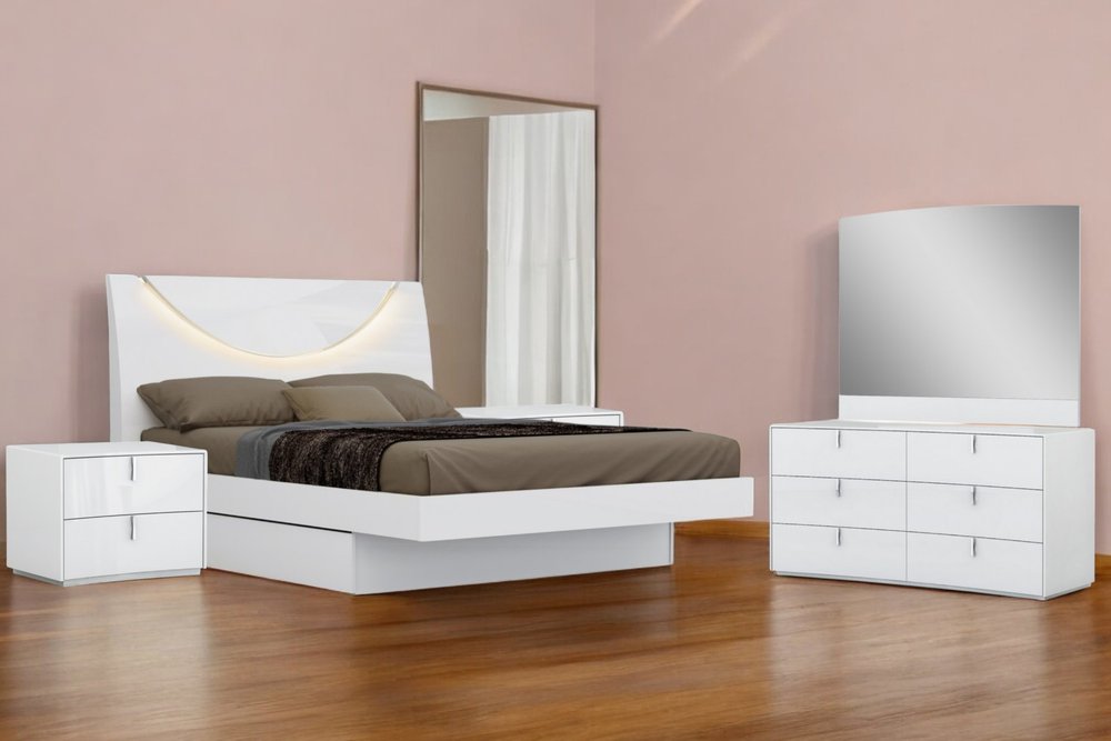Juego de dormitorio de cuatro piezas de madera maciza blanca y manufacturada con espejo