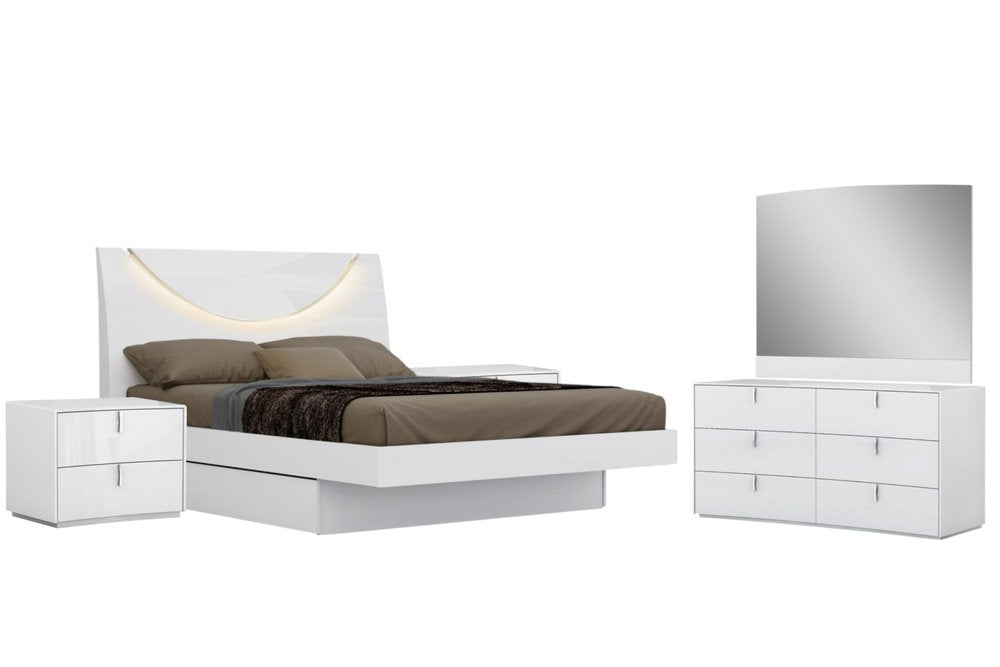 Juego de dormitorio de cuatro piezas de madera maciza blanca y manufacturada con espejo