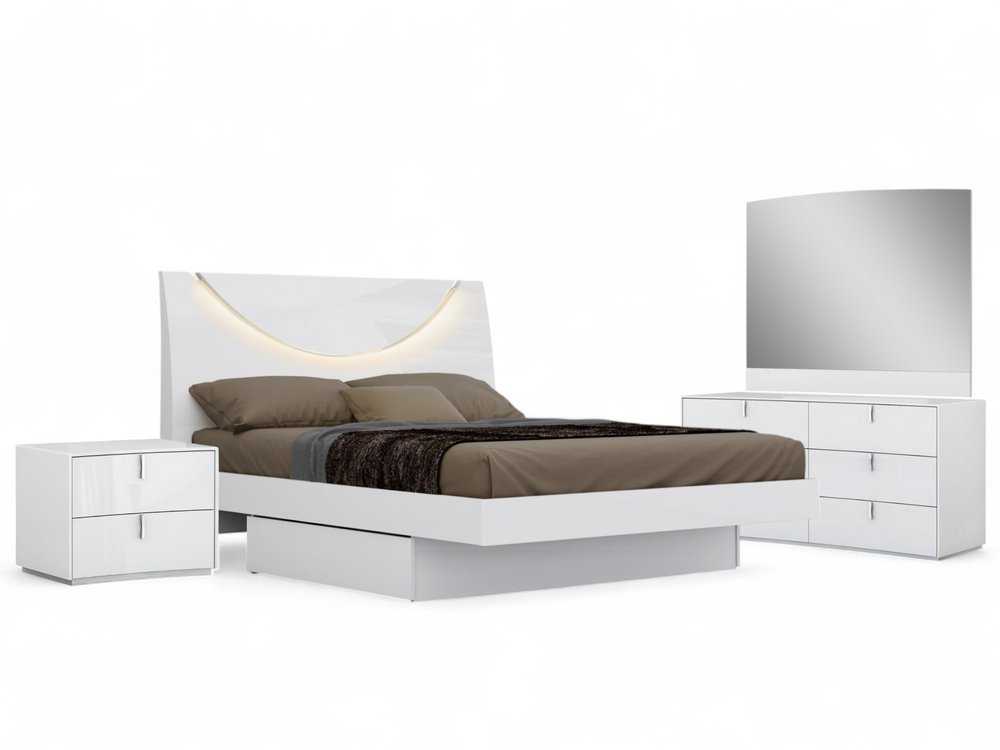 Juego de dormitorio de cuatro piezas de madera maciza blanca y manufacturada con espejo