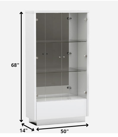 50" White and Silver Wood Curio Cabinet With Two Doors And One Drawer