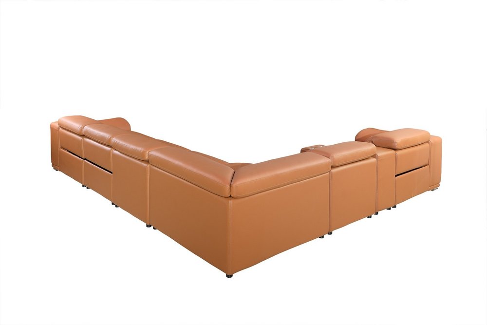 Sofá esquinero reclinable eléctrico en forma de U de ocho piezas con consola en cuero italiano Camel