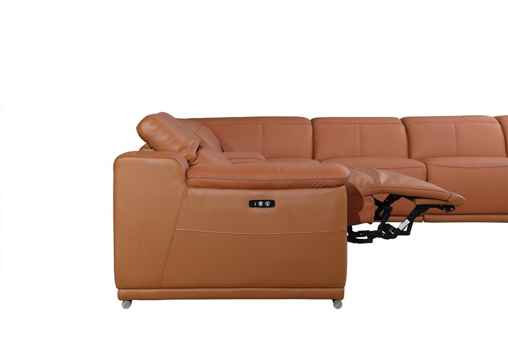 Sofá esquinero reclinable eléctrico en forma de U de ocho piezas con consola en cuero italiano Camel