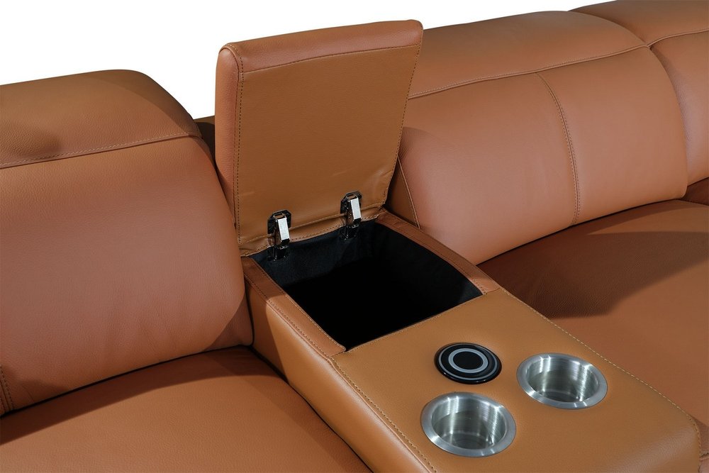 Sofá esquinero reclinable eléctrico en forma de U de ocho piezas con consola en cuero italiano Camel
