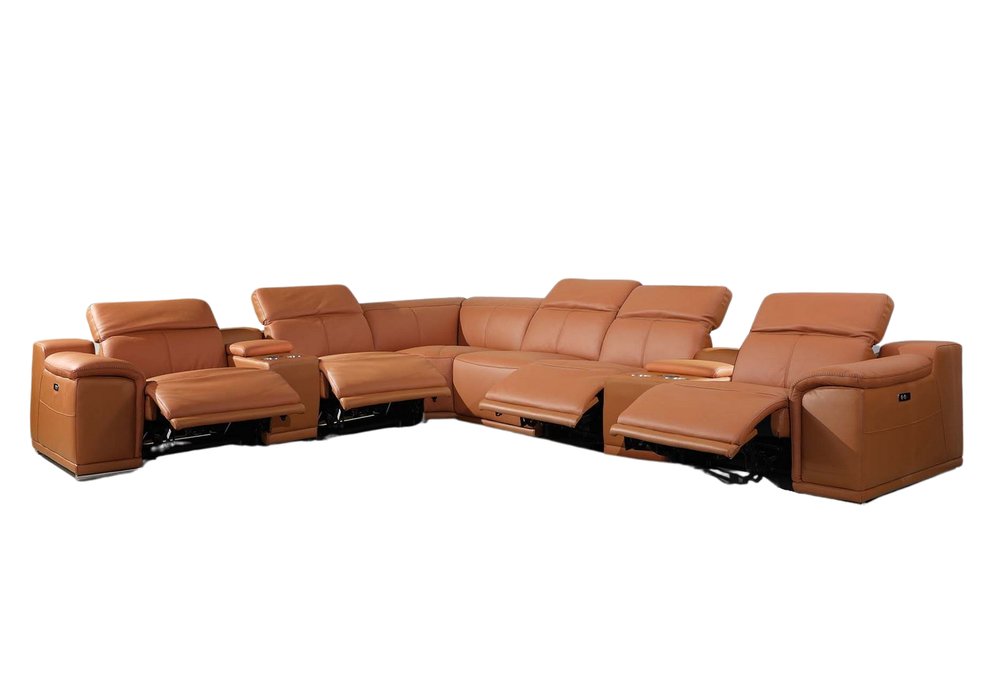 Sofá esquinero reclinable eléctrico en forma de U de ocho piezas con consola en cuero italiano Camel