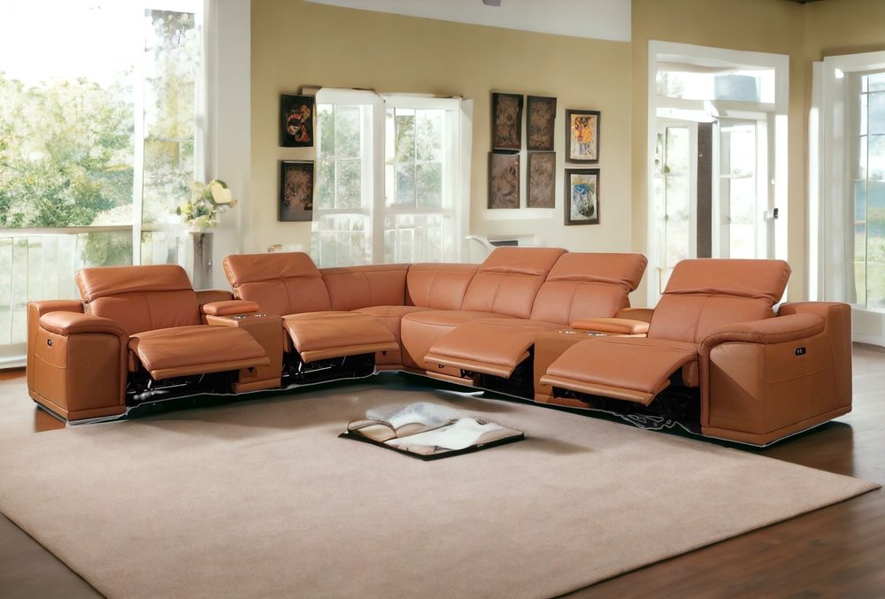 Sofá esquinero reclinable eléctrico en forma de U de ocho piezas con consola en cuero italiano Camel