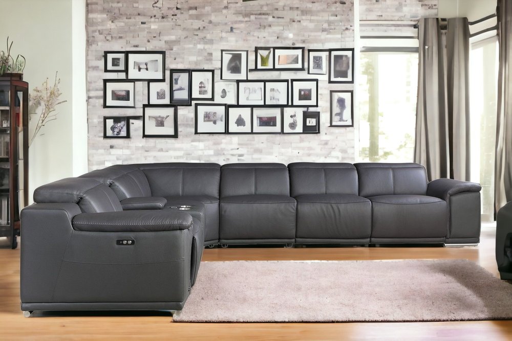 Seccional esquinero de siete piezas en forma de U, reclinable eléctrico, de cuero italiano gris con consola