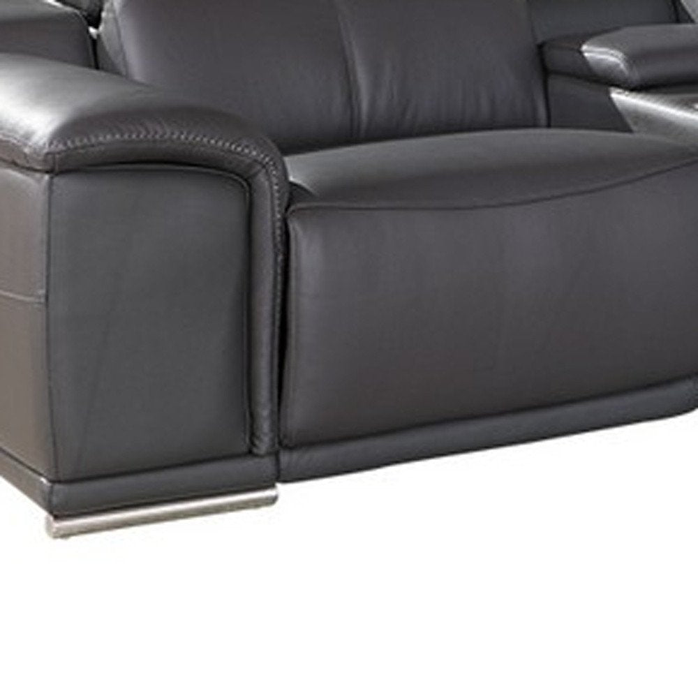 Seccional esquinero de siete piezas en forma de U, reclinable eléctrico, de cuero italiano gris con consola