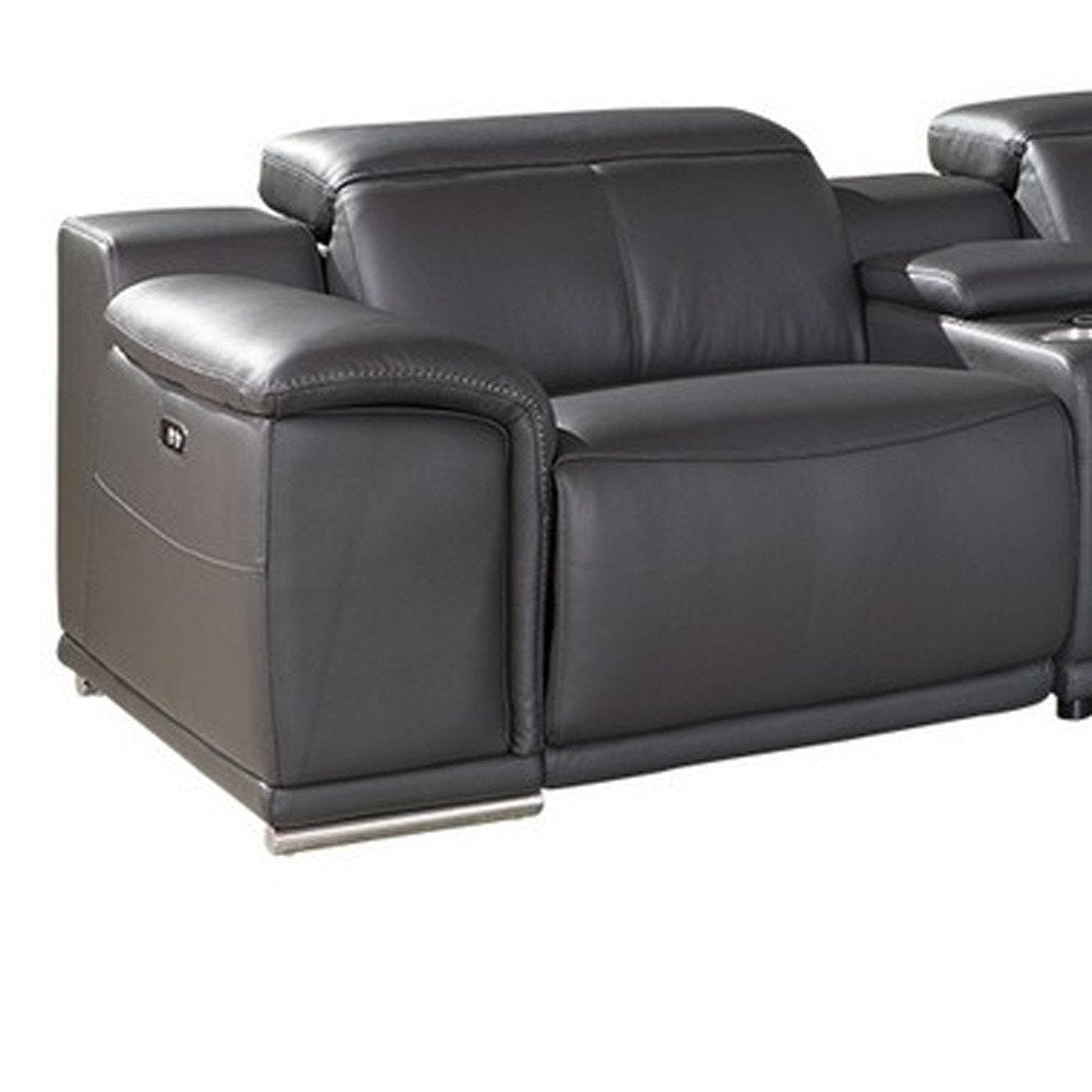 Seccional esquinero de siete piezas en forma de U, reclinable eléctrico, de cuero italiano gris con consola