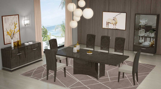 Juego de comedor de siete piezas de madera maciza gris con seis sillas
