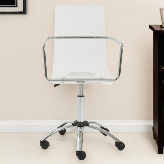 Silla de oficina giratoria ajustable de plástico con ruedas para conferencias, color blanco, transparente y plateado