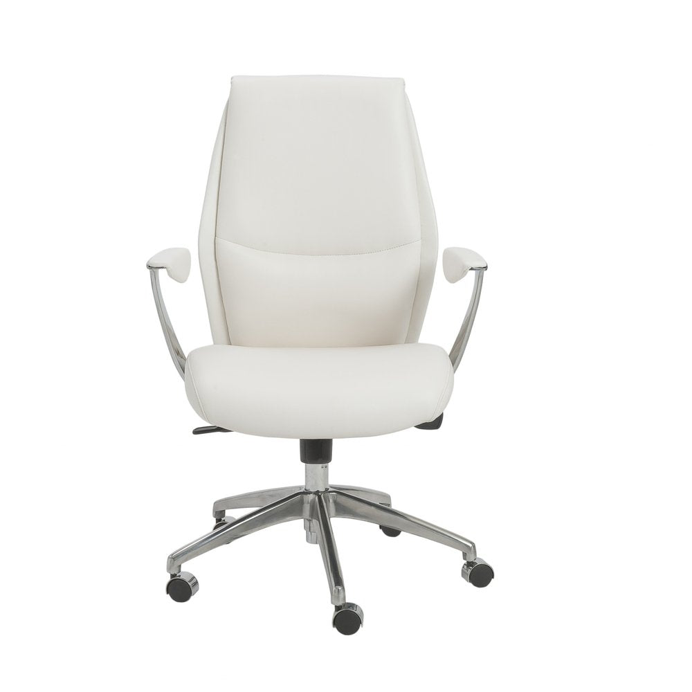Silla de oficina ejecutiva giratoria ajustable de cuero sintético, color blanco y plateado