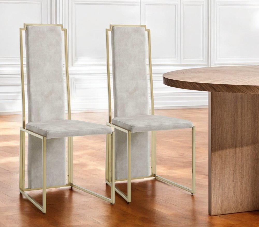 Set of Two Beige and Gold Upholstered Dining Side Chairs