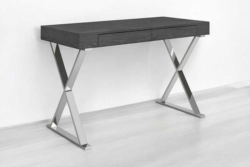 47" Gray and Silver Wood and Stainless Steel Mirrored X-Shape Writing Desk With Two Drawers