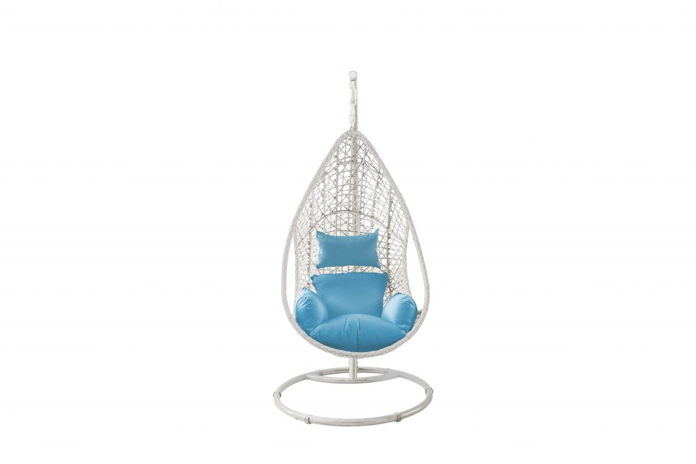 Silla columpio de exterior de metal de 40" con soporte de acero y acabado azul con cojín azul