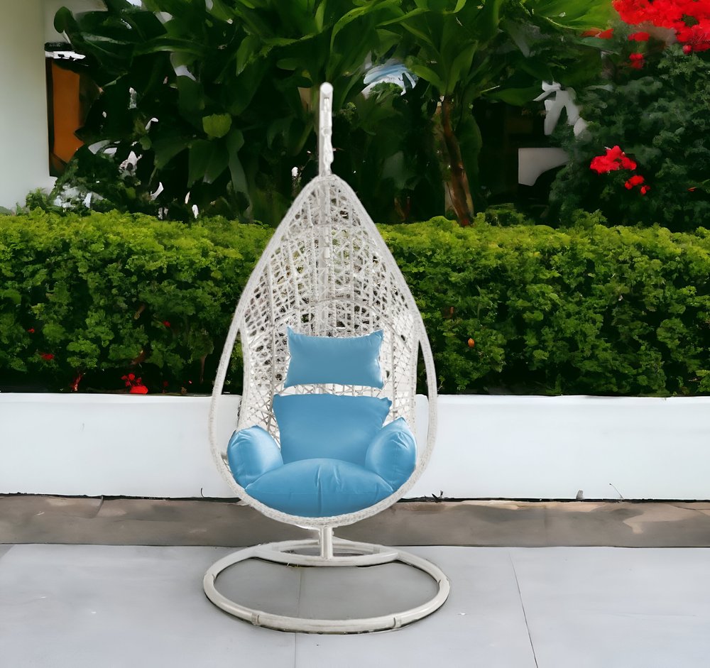 Silla columpio de exterior de metal de 40" con soporte de acero y acabado azul con cojín azul