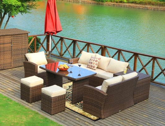 Conjunto de sofá seccional de acero para exterior, de 7 piezas, color marrón, de 179,85" x 31,89" x 32,68", con otomanas y caja de almacenamiento