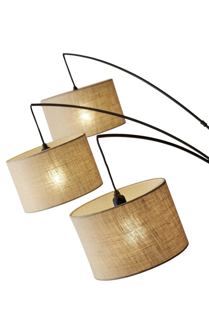74" Bronze Three Light Tree Floor Lamp With Beige Burlap Drum Shade