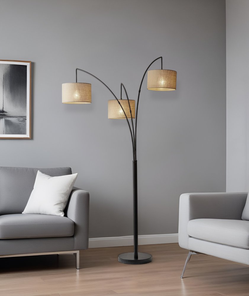 74" Bronze Three Light Tree Floor Lamp With Beige Burlap Drum Shade