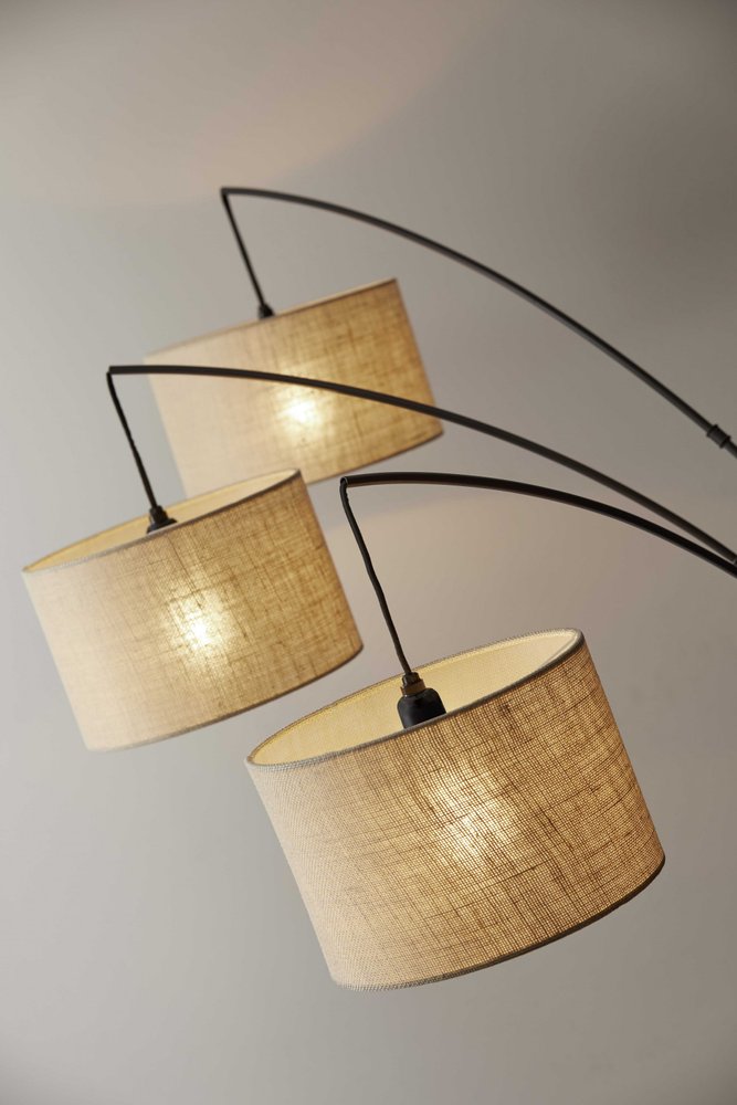 74" Bronze Three Light Tree Floor Lamp With Beige Burlap Drum Shade