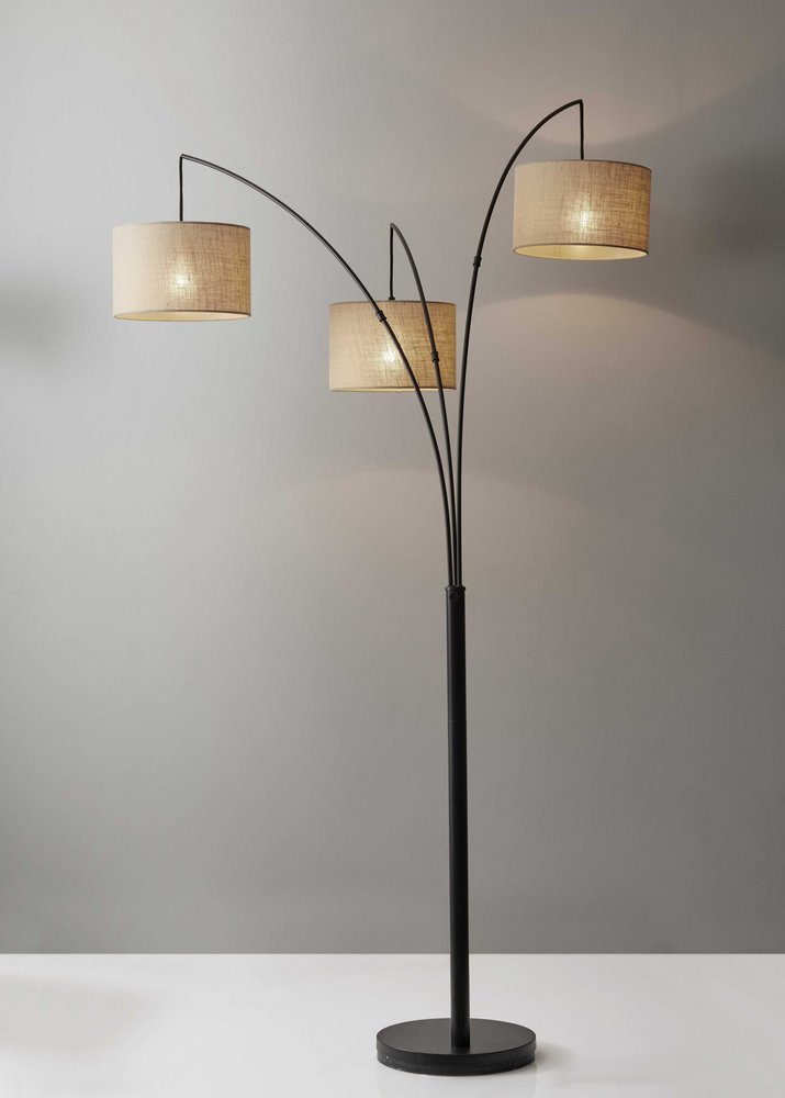 74" Bronze Three Light Tree Floor Lamp With Beige Burlap Drum Shade