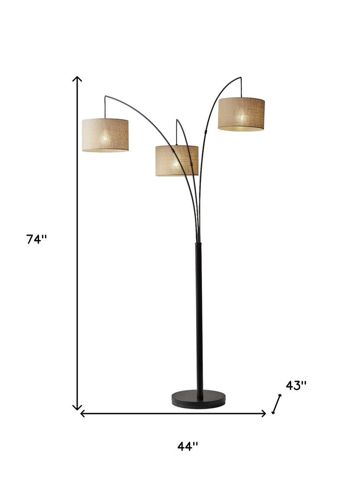 74" Bronze Three Light Tree Floor Lamp With Beige Burlap Drum Shade