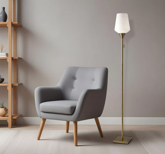 Lámpara de pie tipo antorcha de metal y latón de 180 cm con pantalla de cristal blanco novedosa