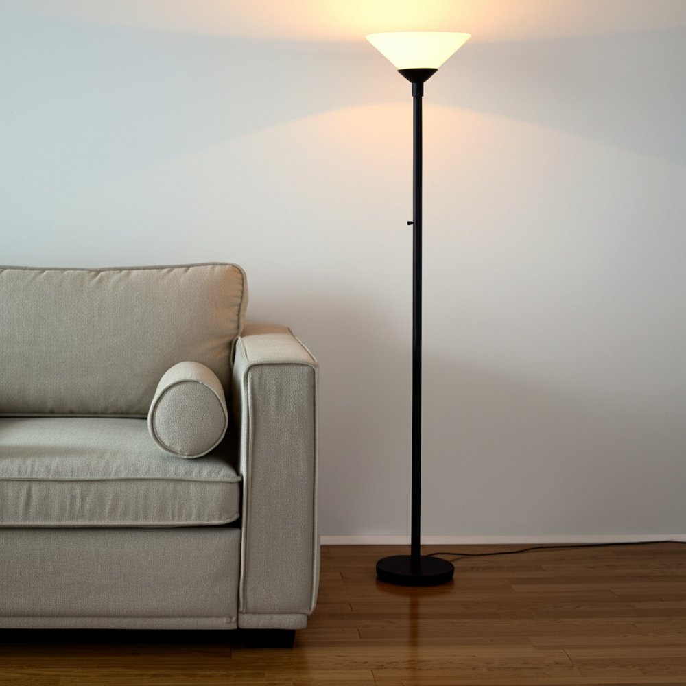 73" Black And White Torchiere Floor Lamp With White Acrylic Cone Shade