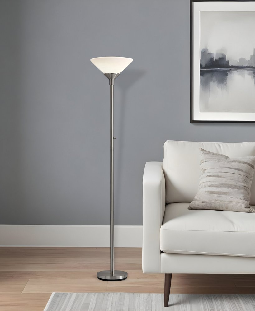 73" Black And White Torchiere Floor Lamp With White Acrylic Cone Shade