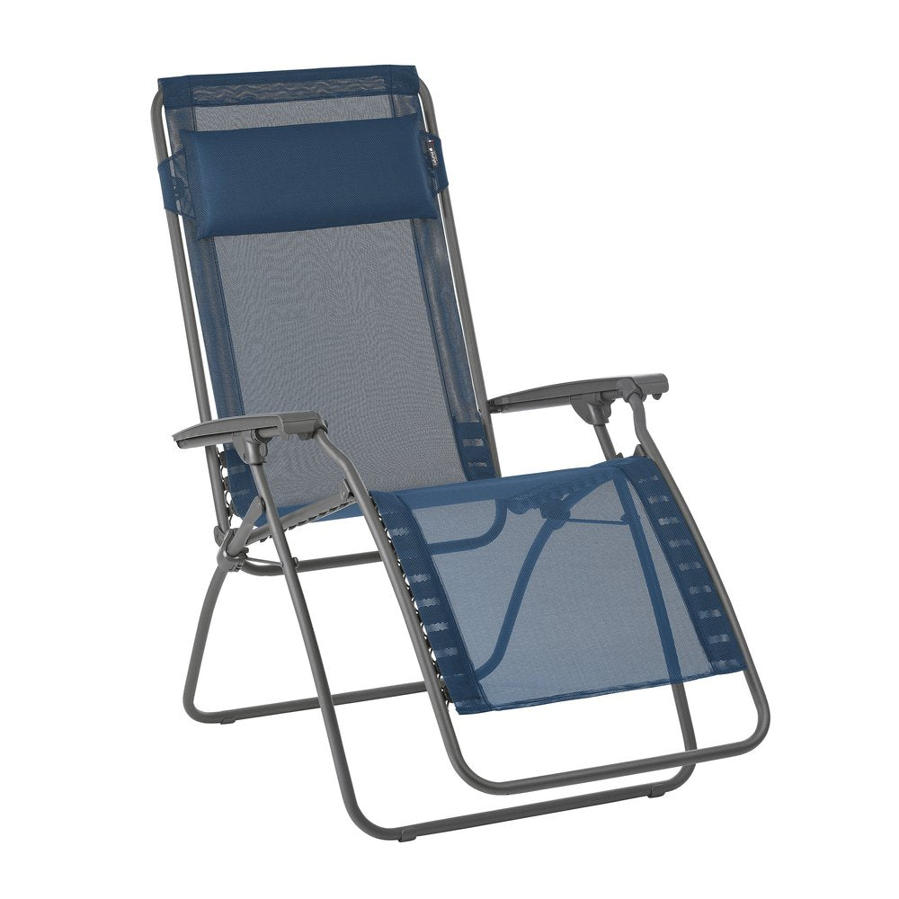 Silla de exterior de gravedad cero de metal azul de 27" con cojín azul