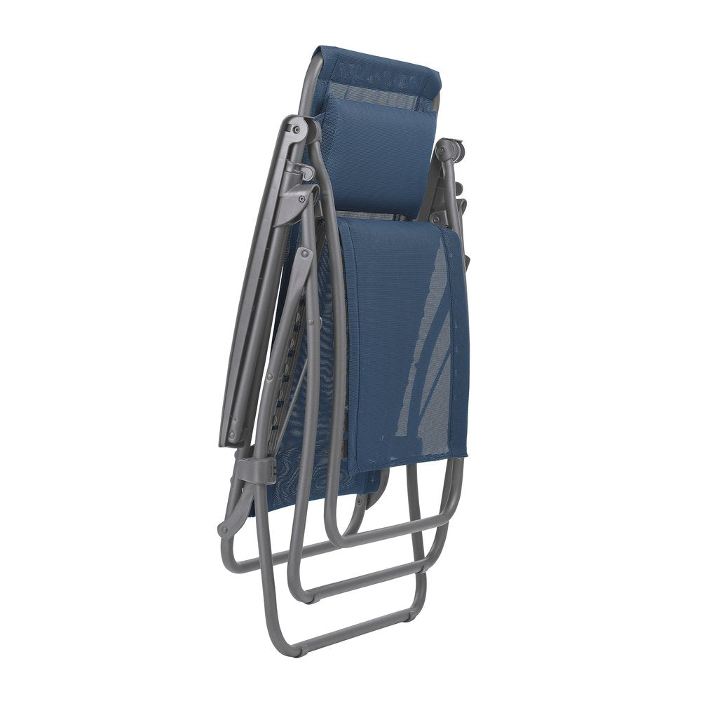 Silla de exterior de gravedad cero de metal azul de 27" con cojín azul
