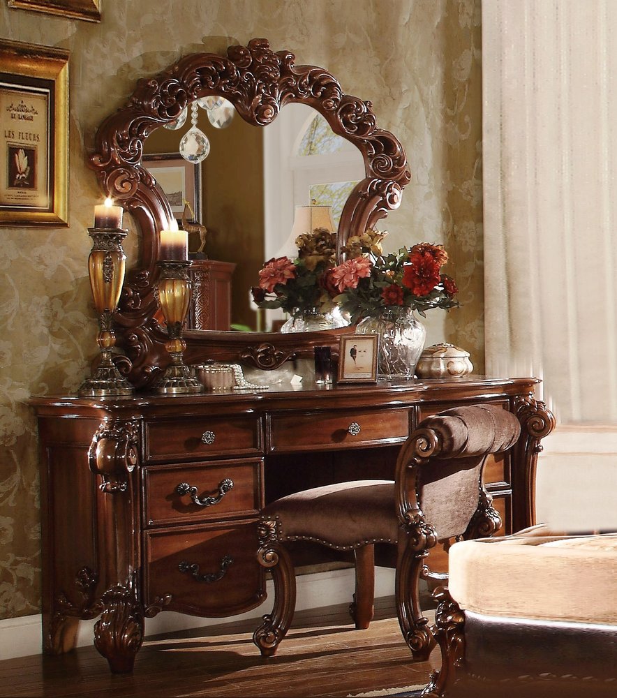 67" Antiqued White Wood Vanity Table With Seven Drawers