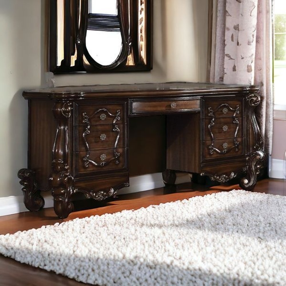 67" Antiqued White Wood Vanity Table With Seven Drawers
