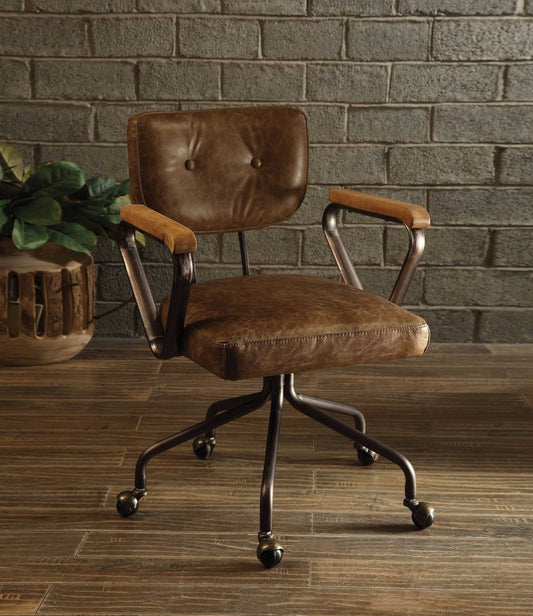 Silla de oficina giratoria con ruedas de piel sintética marrón y negra
