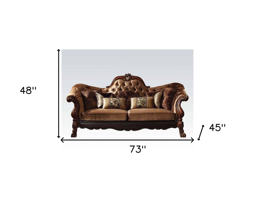 Loveseat de 73" de terciopelo marrón oscuro y marrón con cojines decorativos