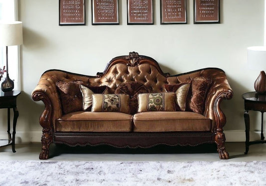 Loveseat de 73" de terciopelo marrón oscuro y marrón con cojines decorativos