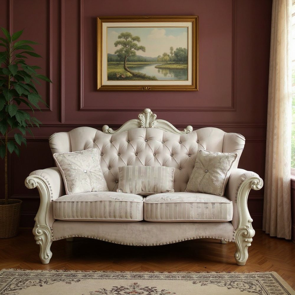 Loveseat curvo de piel sintética color hueso y dorado de 70"