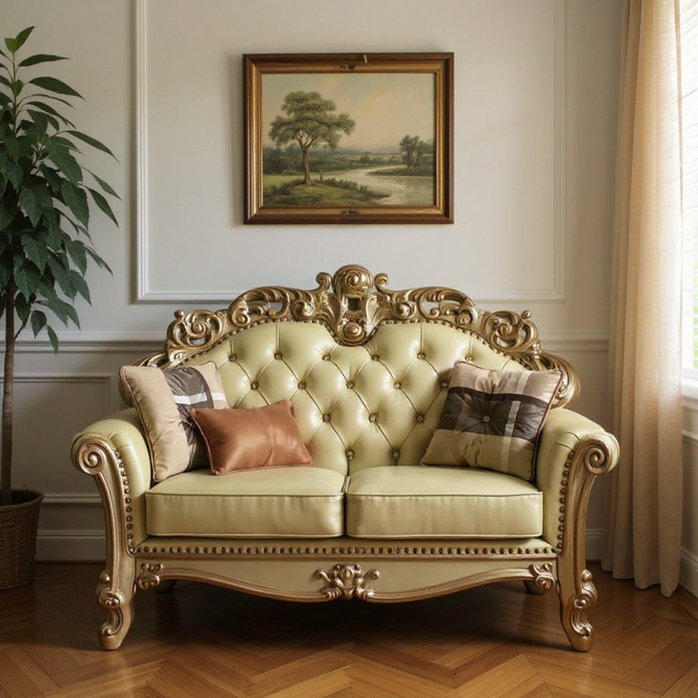 Loveseat curvo de piel sintética color hueso y dorado de 70"