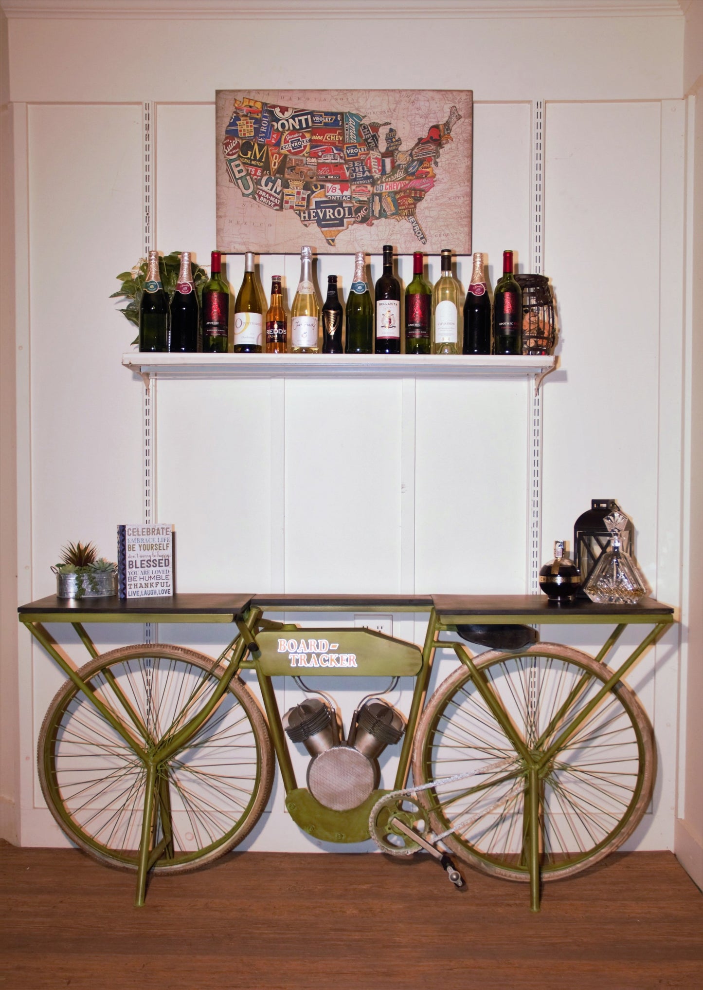 Carrito de cocina para bicicletas de madera maciza y metal marrón y verde de 71"