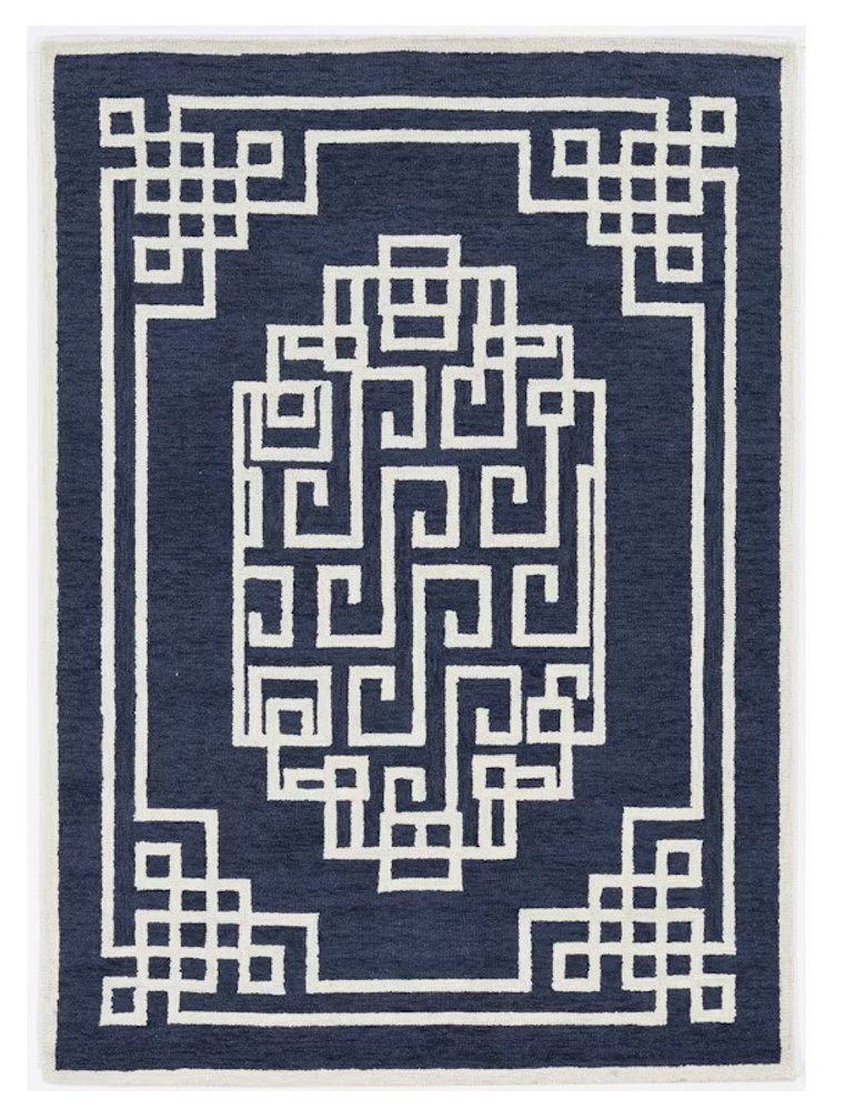 9' X 12' Navy Blue And Ivory Wool Geometric Hand Tufted Area Rug